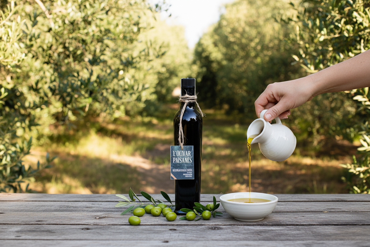 Botella de AOVE artesanal L'Olivar Paisanès sobre mesa de madera rústica con aceitunas verdes frescas, ramas de olivo y aceite de oliva virgen extra dorado