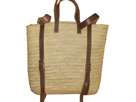 Mochila cuadrada de paja y cuero