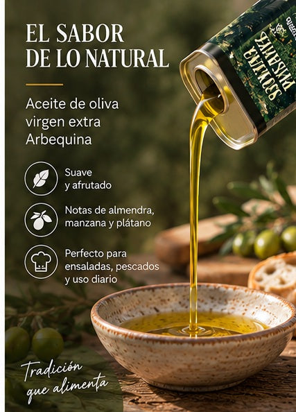 Aceite de oliva virgen extra Arbequina de 250 ml suave y afrutado servido en cuenco