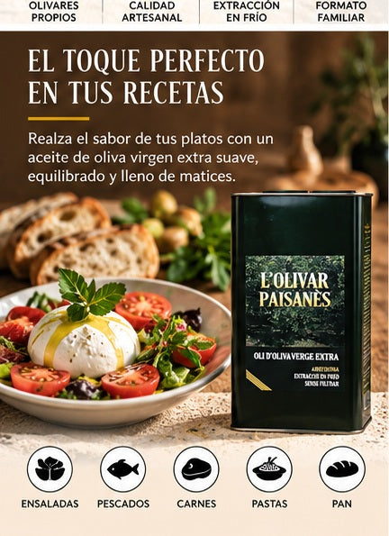 Aceite de oliva virgen extra Arbequina suave y afrutado servido en cuenco
