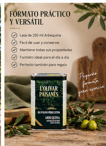 Aceite de oliva virgen extra Arbequina en lata de 250 ml práctica para consumo diario y regalo gourmet