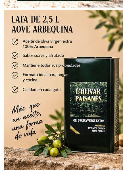 Aceite de oliva virgen extra Arbequina en lata de 2,5 litros práctica para el hogar y consumo habitual