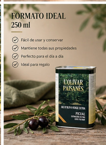 Aceite de oliva virgen extra Picual en lata de 250 ml práctica para consumo diario y regalo gourmet