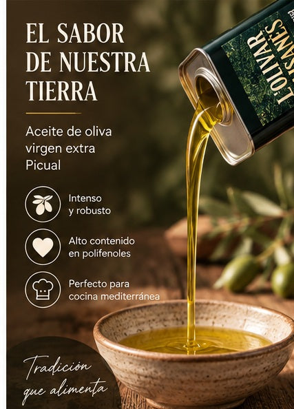 Aceite de oliva virgen extra Picual de sabor intenso y robusto servido en cuenco