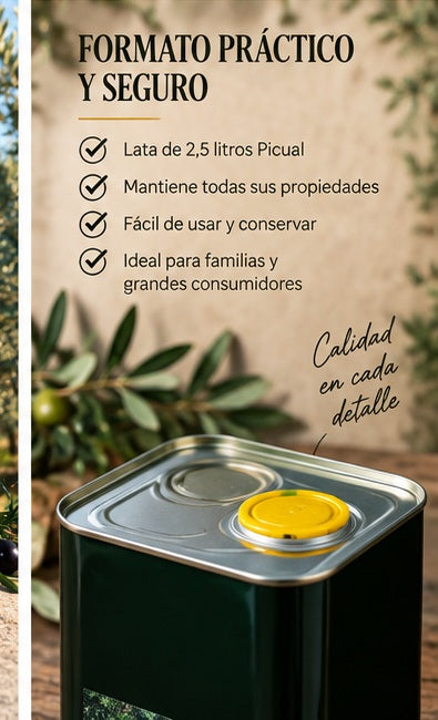 Aceite de oliva virgen extra Picual en lata de 2,5 litros práctica para familias y grandes consumidores