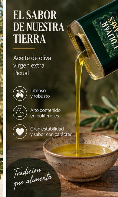 Aceite de oliva virgen extra Picual de sabor intenso y robusto servido en cuenco