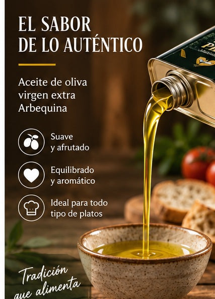 AOVE Arbequina ideal para ensaladas, pescados, carnes, pastas, pan y cocina mediterránea