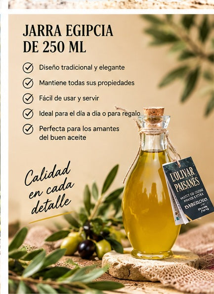 Jarra Egipcia de 250 ml de aceite de oliva virgen extra Arbequina en formato elegante para regalo gourmet