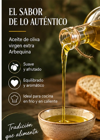 Aceite de oliva virgen extra Arbequina suave y afrutado servido en cuenco desde Jarra Egipcia