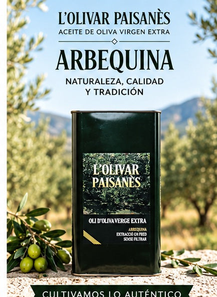 AOVE Arbequina L'Olivar Paisanès en lata de 2,5 litros con sabor suave y equilibrado