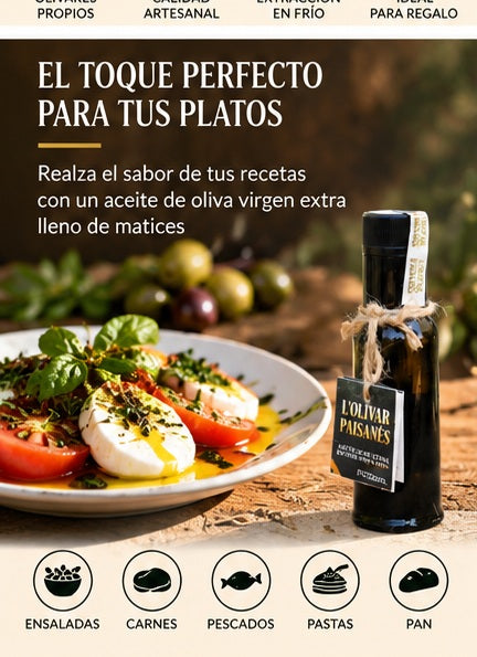 AOVE Picual en botella Dórica de 100 ml ideal para ensaladas, carnes, pescados, pastas y pan