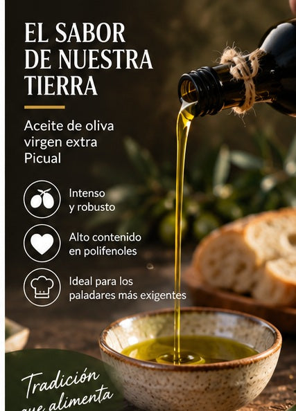 Aceite de oliva virgen extra Picual servido en cuenco junto a botella Dórica de 100 ml