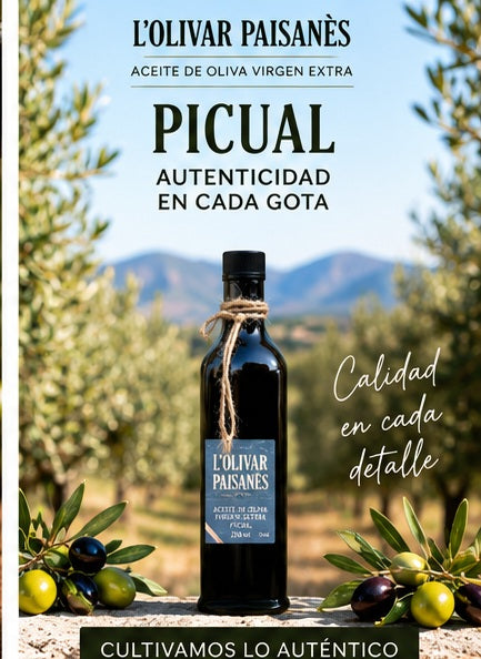 Aceite de oliva virgen extra Picual servido en cuenco junto a botella Fiorentina de 250 ml