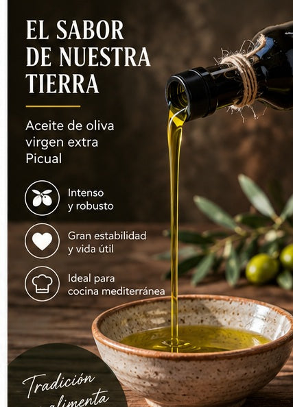 Aceite de oliva virgen extra Picual servido en cuenco junto a botella Fiorentina de 500 ml