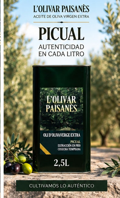 AOVE Picual L'Olivar Paisanès en lata de 2,5 litros en formato familiar