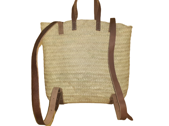 Mochila cuadrada de paja y cuero