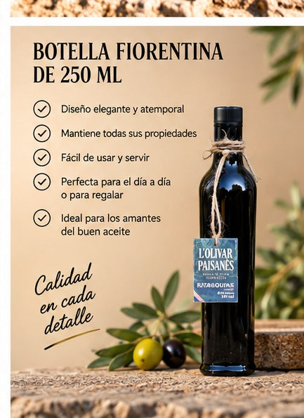 Botella Fiorentina de 250 ml de aceite de oliva virgen extra Arbequina en formato elegante para mesa o regalo