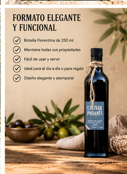 Botella Fiorentina de 250 ml de aceite de oliva virgen extra Picual en formato elegante para mesa o regalo