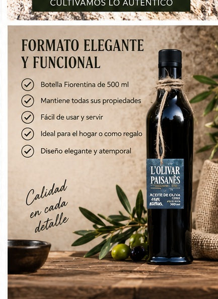 Botella Fiorentina de 500 ml de aceite de oliva virgen extra Picual en formato elegante y funcional