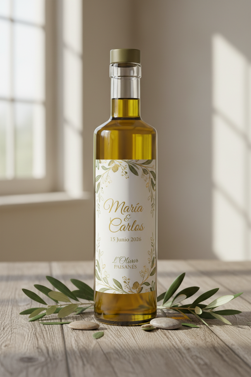 Botella L'Olivar Paisanès con etiqueta personalizada para boda