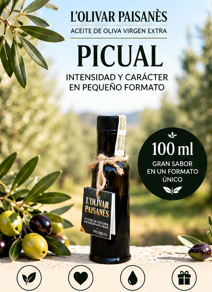 Botella Dórica de 100 ml de AOVE Picual L'Olivar Paisanès de sabor intenso y con carácter
