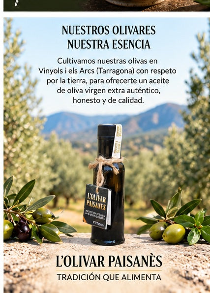 Botella Dórica de AOVE Picual de 100 ml entre olivares de L'Olivar Paisanès en Tarragona