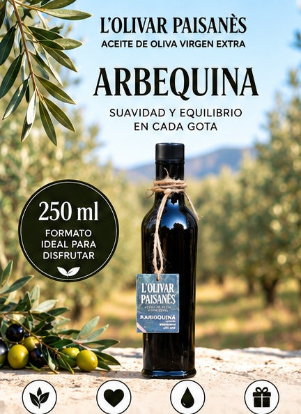 Botella Fiorentina de 250 ml de AOVE Arbequina L'Olivar Paisanès de sabor suave y afrutado