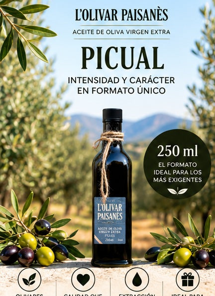 Botella Fiorentina de 250 ml de AOVE Picual L'Olivar Paisanès de sabor intenso y con carácter