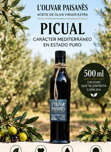 Botella Fiorentina de 500 ml de AOVE Picual L'Olivar Paisanès de sabor intenso y equilibrado
