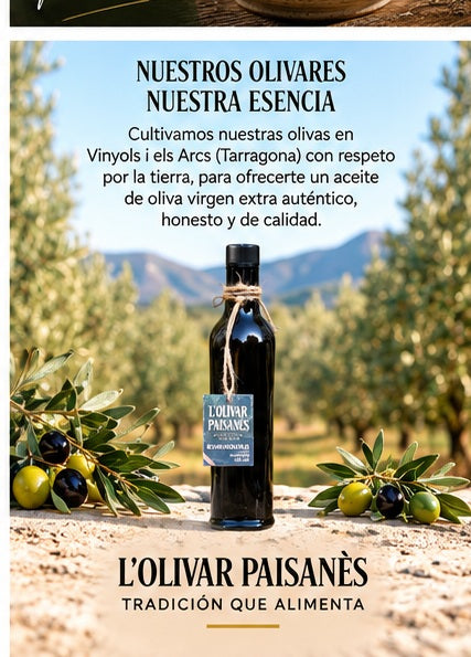 Botella Fiorentina de AOVE Arbequina de 250 ml entre olivares de L'Olivar Paisanès en Tarragona