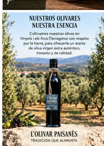Botella Fiorentina de AOVE Picual de 500 ml entre olivares de L'Olivar Paisanès en Tarragona