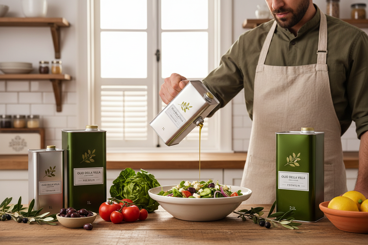 Latas de aceite de oliva picual en cocina mediterránea profesional