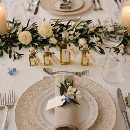 Botellas miniatura de aceite de oliva como detalles elegantes de boda