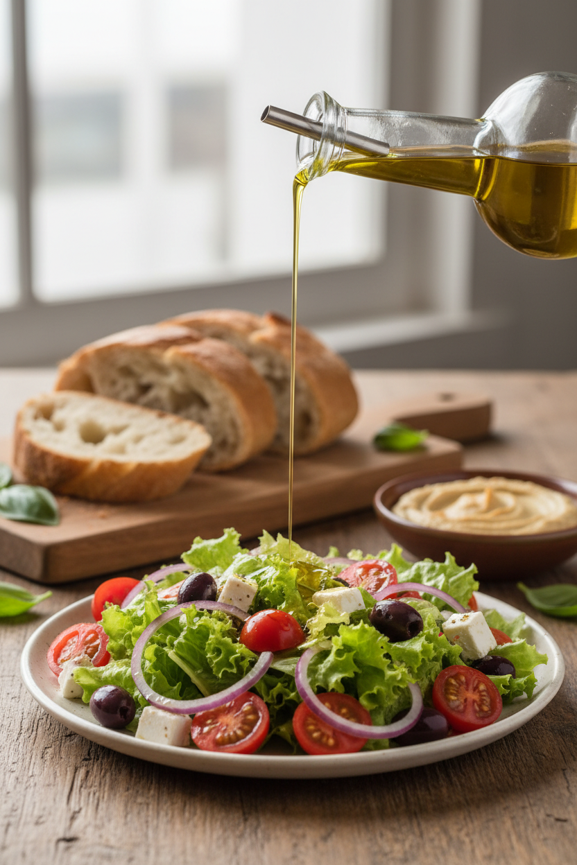 Aceite de oliva siendo servido sobre ensalada mediterránea fresca