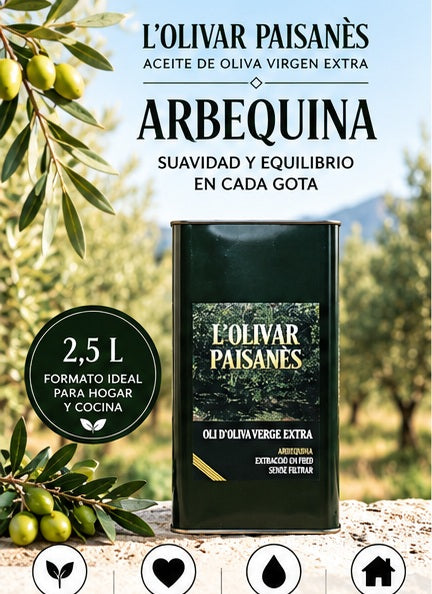 Lata de 2,5 litros de AOVE Arbequina L'Olivar Paisanès de sabor suave, afrutado y equilibrado