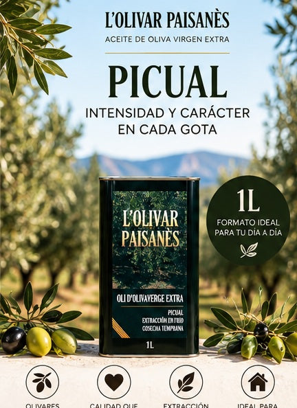 Lata de 1 litro de AOVE Picual L'Olivar Paisanès de sabor intenso y con carácter