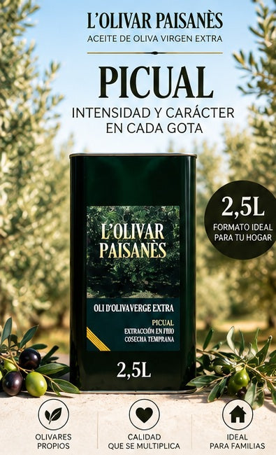 Lata de 2,5 litros de AOVE Picual L'Olivar Paisanès de sabor intenso y con carácter