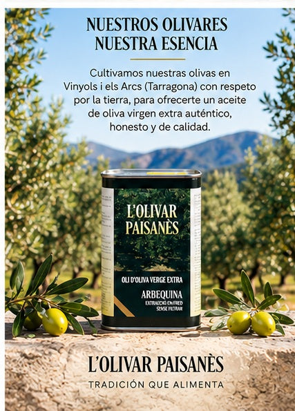 Lata de AOVE Arbequina de 250 ml L'Olivar Paisanès entre olivares de Tarragona