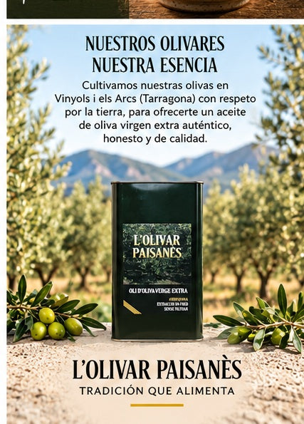 Lata de AOVE Arbequina de 2,5 litros procedente de olivares de L'Olivar Paisanès en Vinyols i els Arcs Tarragona