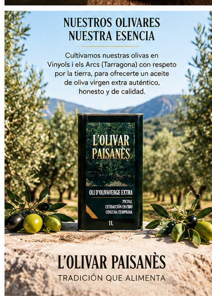 Lata de AOVE Picual de 1 litro L'Olivar Paisanès entre olivares de Vinyols i els Arcs Tarragona