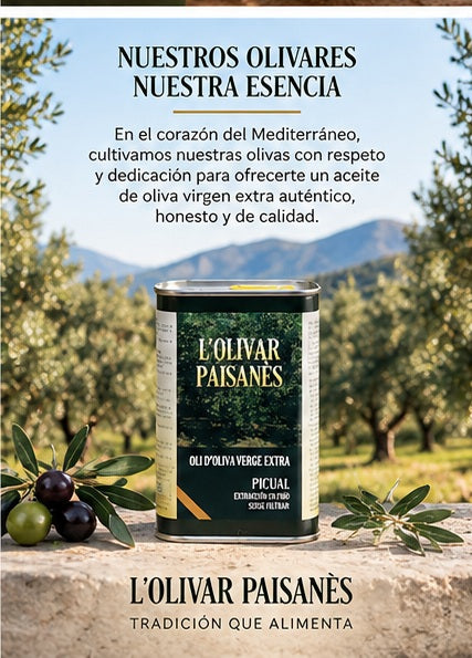 Lata de AOVE Picual de 250 ml L'Olivar Paisanès entre olivares de Tarragona