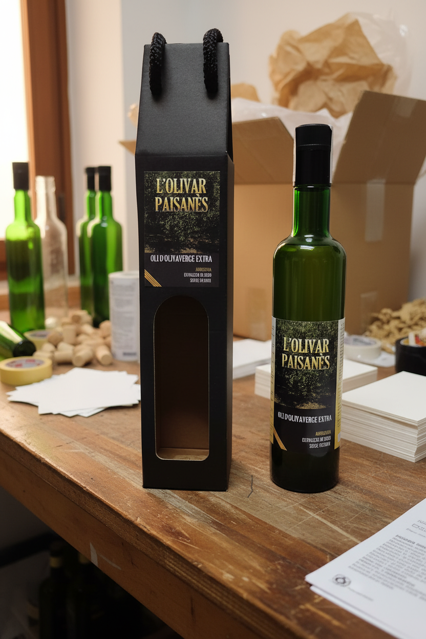 L'Olivar Paisanès – Caja y botella mesa artesanal