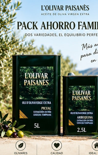 Pack ahorro familiar de 7,5 litros de AOVE L'Olivar Paisanès con Picual 5L y Arbequina 2,5L