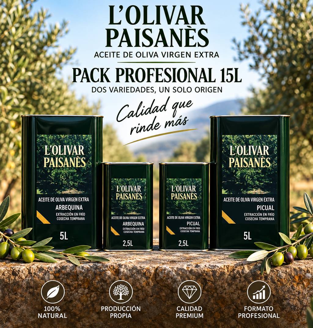 Pack de 15 litros de AOVE con latas de 5L y 2,5L de las variedades Picual y Arbequina