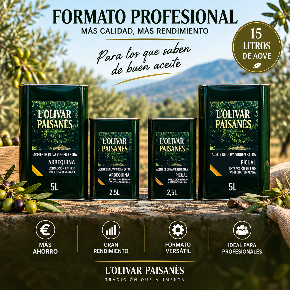 Pack de AOVE de 15 litros en formato ahorro con cuatro latas de Picual y Arbequina