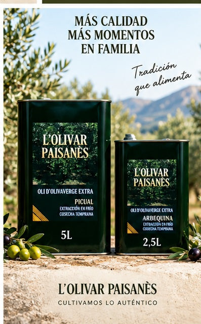 Pack familiar de AOVE con lata de 5 litros Picual y lata de 2,5 litros Arbequina L'Olivar Paisanès