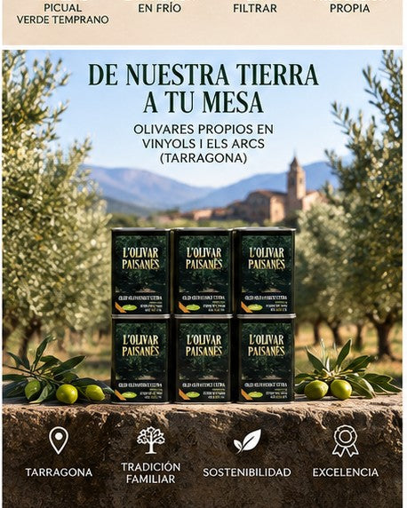 Pack de AOVE Picual Verde Temprano procedente de olivares propios en Vinyols i els Arcs Tarragona