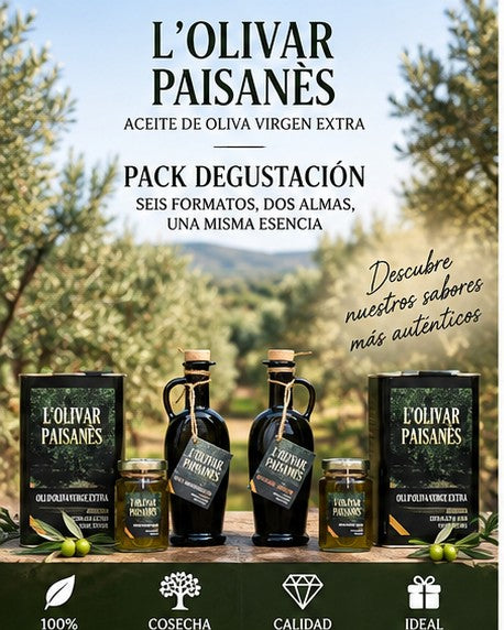 Pack degustación de AOVE Arbequina y Picual L'Olivar Paisanès con seis formatos