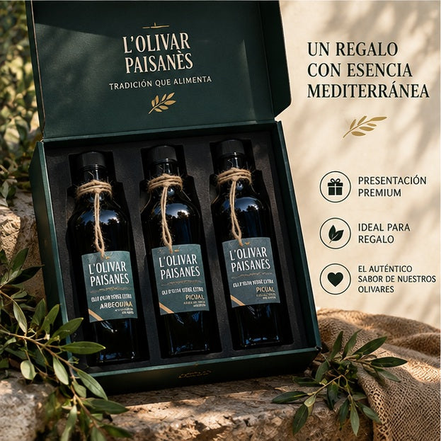 Pack de tres botellas Fiorentina de AOVE L'Olivar Paisanès presentado como regalo gourmet