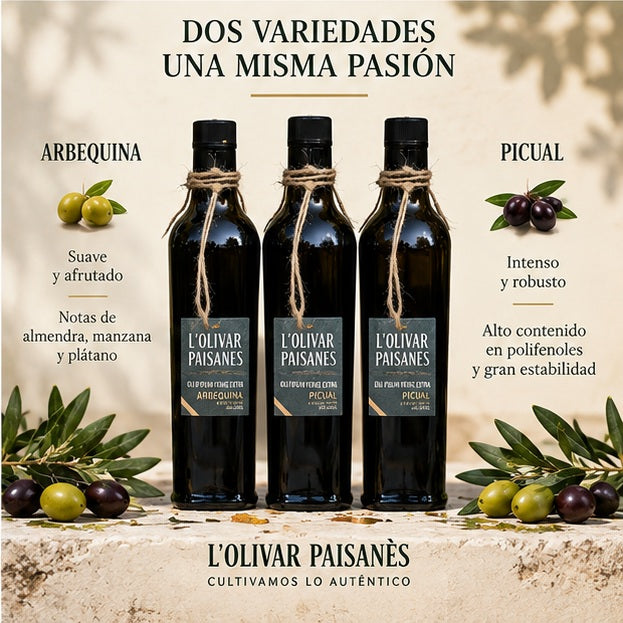 Pack Fiorentina de 500 ml con una botella de AOVE Arbequina y dos botellas de AOVE Picual